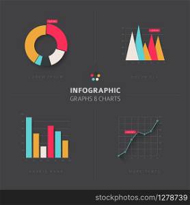 Set of vector flat design infographics statistics charts and graphs - fresh retro color dark version