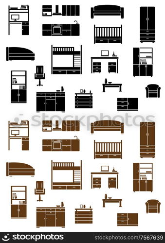 Set of vector flat furniture icons depicting various cabinets, beds, sofa, armchair, television, desk and chest of drawers in two color variants, black and brown for interior decorating