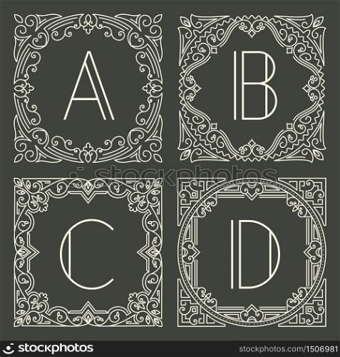 Set of vector floral and geometric monogram logos with capital letter on dark gray background. Monogram design element. Vintage styled initial decoration. . Set of vector floral and geometric monogram logos with capital letter on dark gray background. Monogram design element.