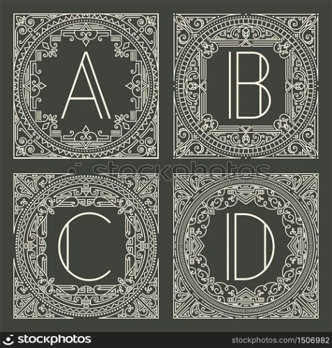 Set of vector floral and geometric monogram logos with capital letter on dark gray background. Monogram design element. Vintage styled initial decoration. . Set of vector floral and geometric monogram logos with capital letter on dark gray background. Monogram design element.