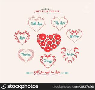 Set of vector floral frames in the shape of heart
