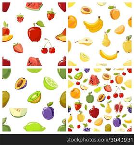 Set of vector fruits seamless patterns. Set of vector fruits seamless patterns background. Kiwi plum and cherry illustration