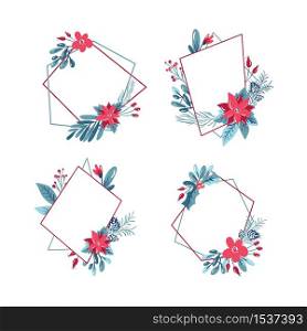 Set of vector geometric polygon frame with bouquet wreath. Christmas template for greeting card. Winter frame cones and flowers isolated with place for text.. Christmas set of vector geometric polygon frame with bouquet wreath. template for greeting card. Winter frame cones and flowers isolated with place for text