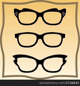 Set of vector glasses set with black thick holder retro hipster. Medical huge eye glasses silhouette collection. Sign of intelligence, secretary or school teacher