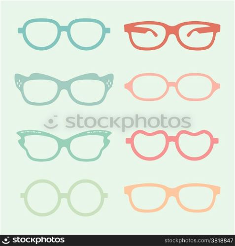 Set of vector glasses set with colored thick support. Retro hipster. Medical huge eye glasses silhouette collection. Sign of intelligence, secretary or school teacher