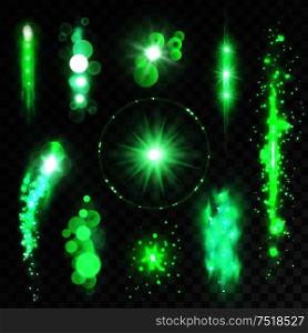 Set of vector glowing stars. Green glittering light lens flare sparkles on transparent background. Fireworks sparklers effect. Glittering green light sparkles and star shine