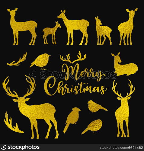 Set of vector golden deers and birds silhouettes on a black background. Winter Christmas design kit