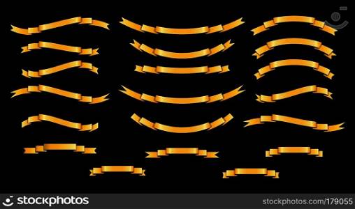Set of vector golden silk ribbons on black background. Banner shapes sticker, label and decoration collection.