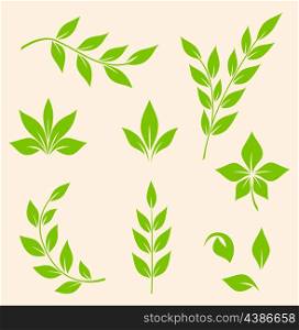 Set of vector green leaves and branches