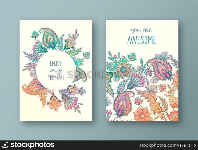 Set of vector greeting card, flyers, brochures, template design. Vintage paisley floral decorative ornamental background pattern.