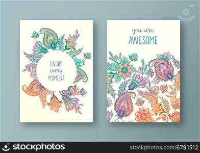Set of vector greeting card, flyers, brochures, template design. Vintage paisley floral decorative ornamental background pattern.