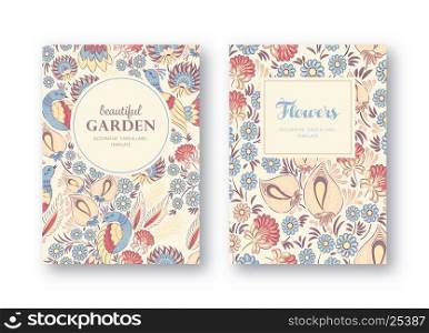 Set of vector greeting card, posters, flyers, brochures, invitation, wedding and save the date template design cards. Folk floral background pattern.