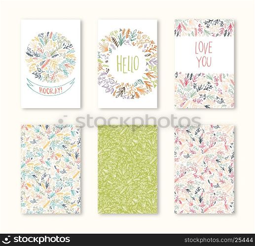 Set of vector greeting card, print, posters, flayers, brochures, invitation, wedding and save the date template design cards. Floral decorative ornamental background pattern.
