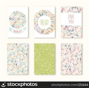 Set of vector greeting card, print, posters, flayers, brochures, invitation, wedding and save the date template design cards. Floral decorative ornamental background pattern.