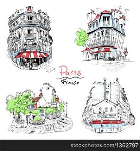 Set of Vector hand drawings. Typical parisain house with cafe and lanterns, Paris, France.. Typical Parisian housees, France