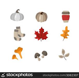 Set of vector hand drawn autumn elements. Autumn leaves, mushrooms, socks, pumpkin and mug. Fall Items for Thanksgiving Day design.. Set of vector hand drawn autumn elements. Autumn leaves, mushrooms, socks, pumpkin and mug. Fall Items for Thanksgiving Day design