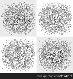 Set of vector hand drawn Doodle Happy Valentine&rsquo;s Day illustrations. Colorful detailed design backgrounds with objects and symbols. All objects are separated. Set of vector hand drawn Doodle Happy Valentine&rsquo;s Day illustrations