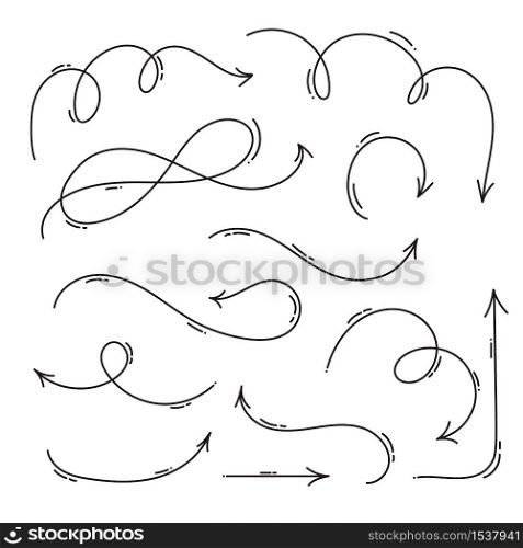 Set of vector hand drawn monoline arrow. Art design sketch handmade doodle illustration. Abstract concept graphic element.. Set of vector hand drawn monoline arrow. Art design sketch handmade doodle illustration. Abstract concept graphic element