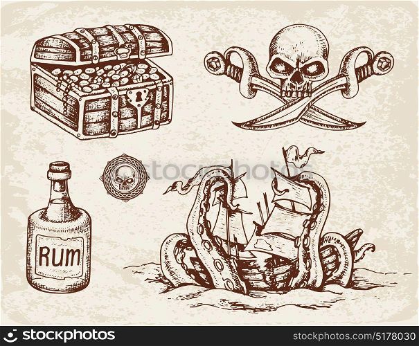 Set of vector hand drawn pirates design elements. Vintage style.