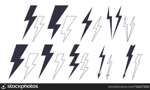 Set of vector hand drawn shape thunderbolt lightning icons. Outline and flat sings