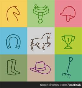 Set of vector horse equipment icons on multicolored background