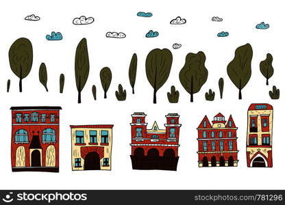 Set of vector houses, trees and clouds. Collection of street elements in doodle style.