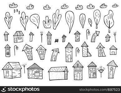Set of vector houses, trees and clouds. composition in doodle style.