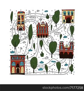 Set of vector houses, trees and clouds. Square poster composition in doodle style.
