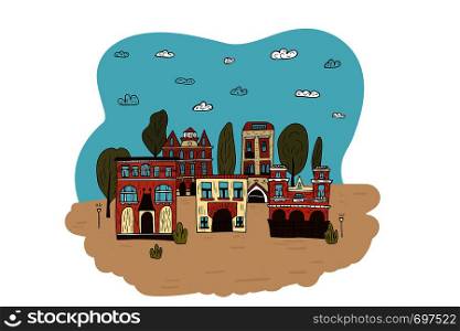Set of vector houses, trees and clouds. Street composition in doodle style.