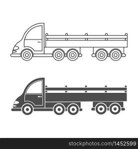 Set of vector icon tractor with trailer. Simple design, filled and empty silhouette isolated on a white background. Design for coloring books, websites, and apps