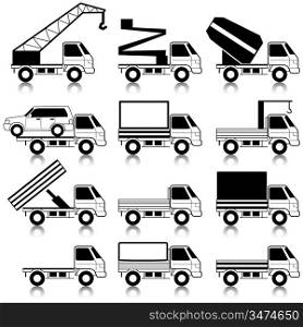 Set of vector icons - transportation symbols. Black on white. Cars, vehicles. Car body.