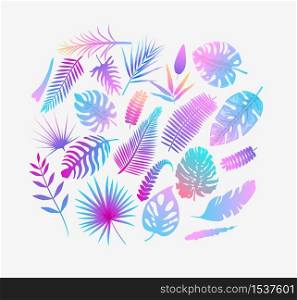 Set of vector illustration of tropical fern leaves in color Purple, yellow, light blue .Exotic art design. Natural decorative element decorative background for textile print and decor.. Set of vector illustration of tropical fern leaves in color