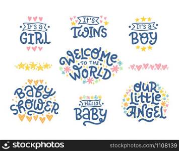 Set of vector illustrations for Baby Shower with decorative elements for cards, stickers and any type of artworks. Hand drawn calligraphy, lettering, typography for the event.
