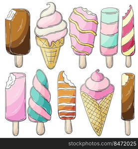 Set of vector illustrations in hand draw style. Sweet desserts, ice cream. Collection of icons, stickers. Ice cream in a cup, popsicle, sweet ice. Illustration in hand draw style. Sweet dessert, graphic element for design