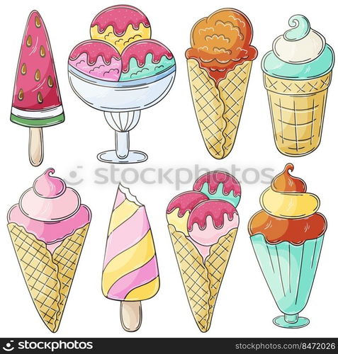 Set of vector illustrations in hand draw style. Sweet desserts, ice cream. Collection of icons, stickers. Ice cream in a cup, in a vase, popsicle, sweet ice. Illustration in hand draw style. Sweet dessert, graphic element for design