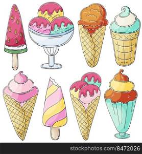 Set of vector illustrations in hand draw style. Sweet desserts, ice cream. Collection of icons, stickers. Ice cream in a cup, in a vase, popsicle, sweet ice. Illustration in hand draw style. Sweet dessert, graphic element for design