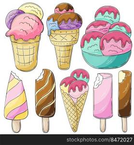 Set of vector illustrations in hand draw style. Sweet desserts, ice cream. Collection of icons, pins, stickers. Ice cream in a cup, in a vase, popsicle, sweet ice. Illustration in hand draw style. Sweet dessert, graphic element for design