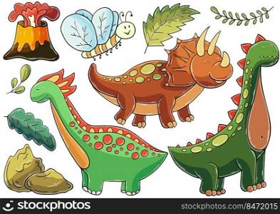 Set of vector illustrations in hand drawn style. Children&rsquo;s drawings, poster for dinosaur lovers. Dinosaur, egg, volcano. Illustration in hand drawn style. Children&rsquo;s drawings for your design