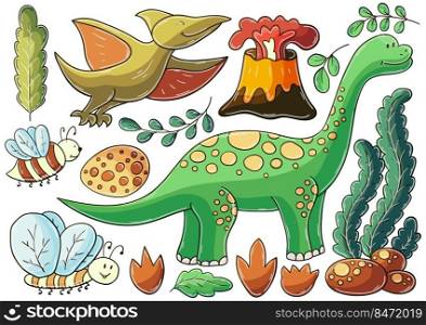Set of vector illustrations in hand drawn style. Children&rsquo;s drawings, poster for dinosaur lovers. Collection of stickers. Dinosaur, egg, volcano. Illustration in hand drawn style. Children&rsquo;s drawings for your design