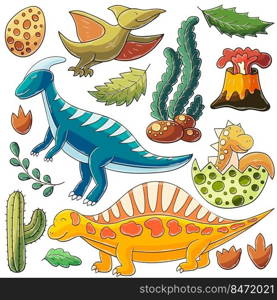 Set of vector illustrations in hand drawn style. Children&rsquo;s drawings, poster for dinosaur lovers. Collection of icons, stickers. Dinosaur, volcano. Illustration in hand drawn style. Children&rsquo;s drawings for your design