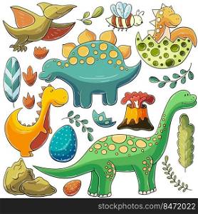 Set of vector illustrations in hand drawn style. Children&rsquo;s drawings, poster for dinosaur lovers. Collection of icons, stickers. Dinosaur, egg, volcano. Illustration in hand drawn style. Children&rsquo;s drawings for your design