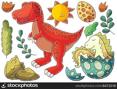 Set of vector illustrations in hand drawn style. Children’s drawings, poster for dinosaur lovers. Collection of icons, pins, signs, stickers. Dinosaurs of the Jurassic period. Illustration in hand drawn style. Children’s drawings for your design