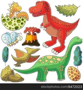 Set of vector illustrations in hand drawn style. Children’s drawings, poster for dinosaur lovers. Collection of icons, signs, stickers. Dinosaur, egg, volcano. Illustration in hand drawn style. Children’s drawings for your design