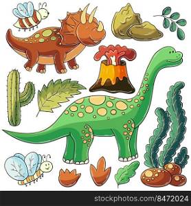 Set of vector illustrations in hand drawn style. Children’s drawings, poster for dinosaur lovers. Collection of icons, pins, signs, stickers. Dinosaur, egg, volcano. Illustration in hand drawn style. Children’s drawings for your design