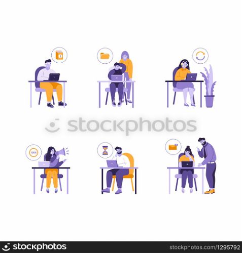 Set of vector illustrations of business office people working at the table with laptop. Issues solving, missing files, job is done, unread messages, process at work icons of men and women. Blue color. Set of vector illustrations of business office people working at the table with laptop. Issues solving, missing files, job is done, unread messages, process at work icons of men and women.