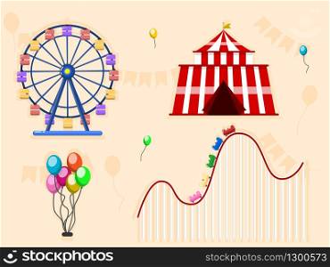 Set of vector illustrations of carnival circus icons with tent, carousels, flags isolated on background. Print, design element.. Set of vector illustrations of carnival circus icons with tent, carousels, flags isolated on background