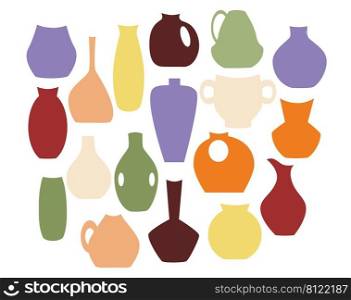 Set of vector illustrations of floral vases in flat  style. Elements for the design of decorative vases of different colors, isolated on white 