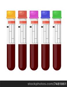 Set of vector illustrations of medical test tubes with colored caps for a blood test on white background. Medical test tubes, isolate. Subject to blood tests in the laboratory. Cartoon style.