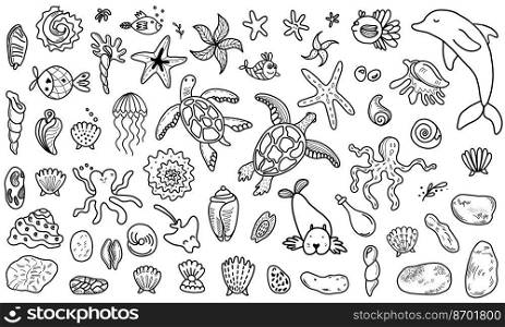 Set of vector illustrations of various outline graphic icons with marine animals and fish against white background. Linear design of various marine fauna icons