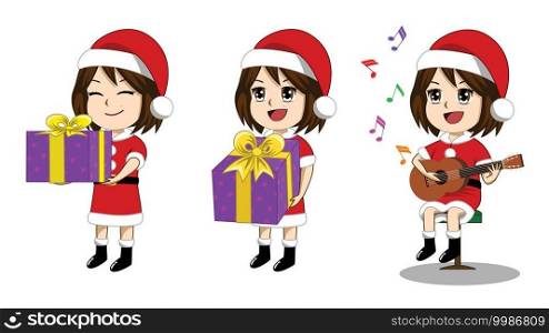 Set of vector images of girls wearing Santa Claus costume giving gifts. And play guitar It s a simple cartoon. It s flat design.